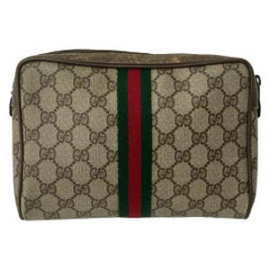 Gucci GG Plus Supreme Sherry Web Pouch Clutch Dark Brown Green Red Leather